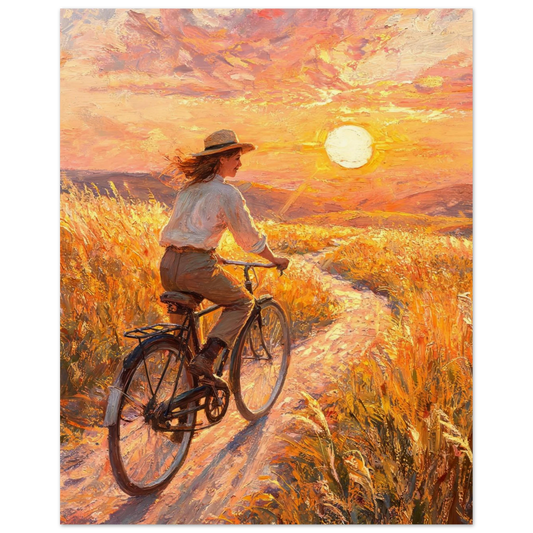Fine art print of a woman riding a bicycle through a golden meadow under a radiant sunset sky.