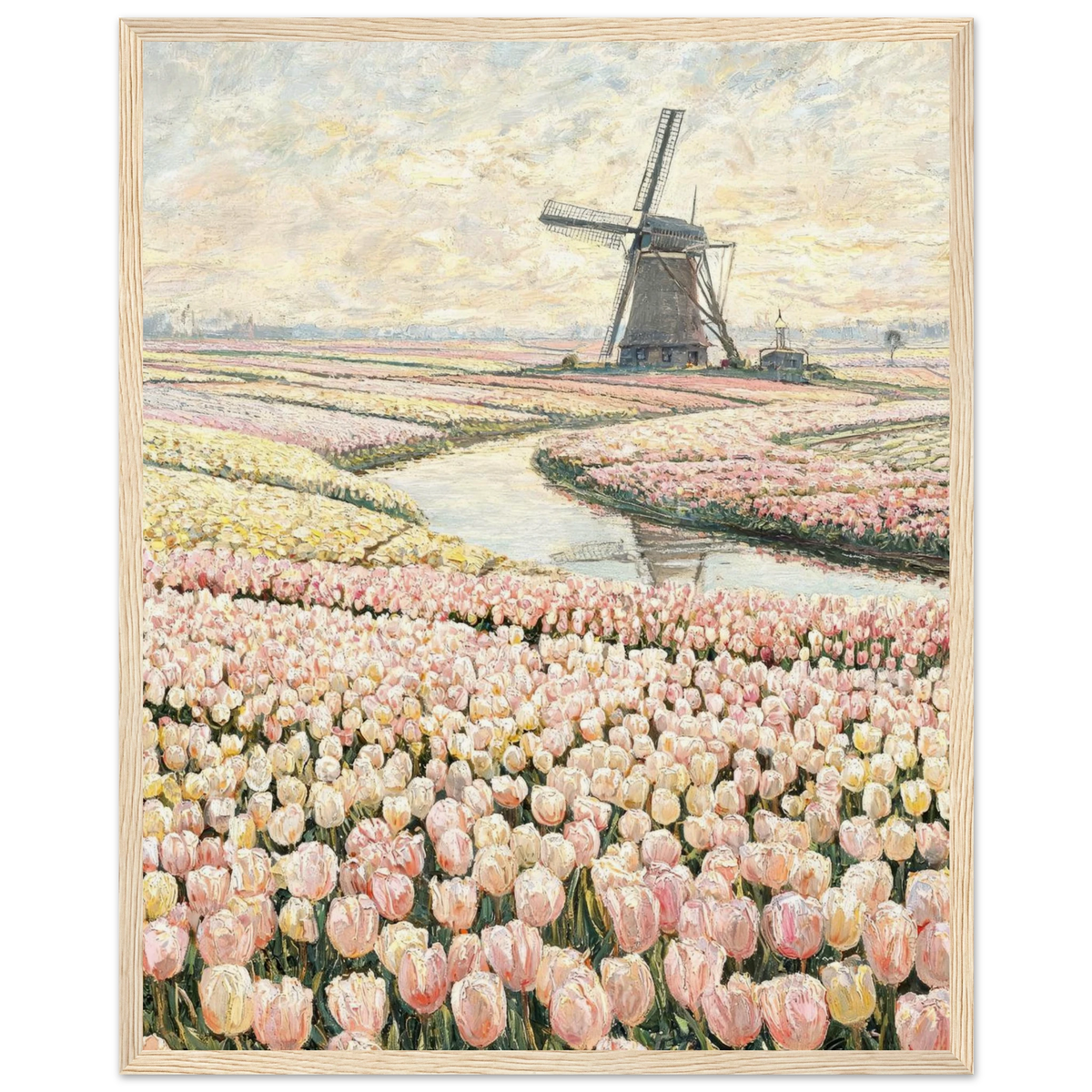 A framed landscape art print depicting a Dutch tulip field with pink and cream flowers, a winding river, and a windmill under a cloudy sky, shown in a light natural wood frame.