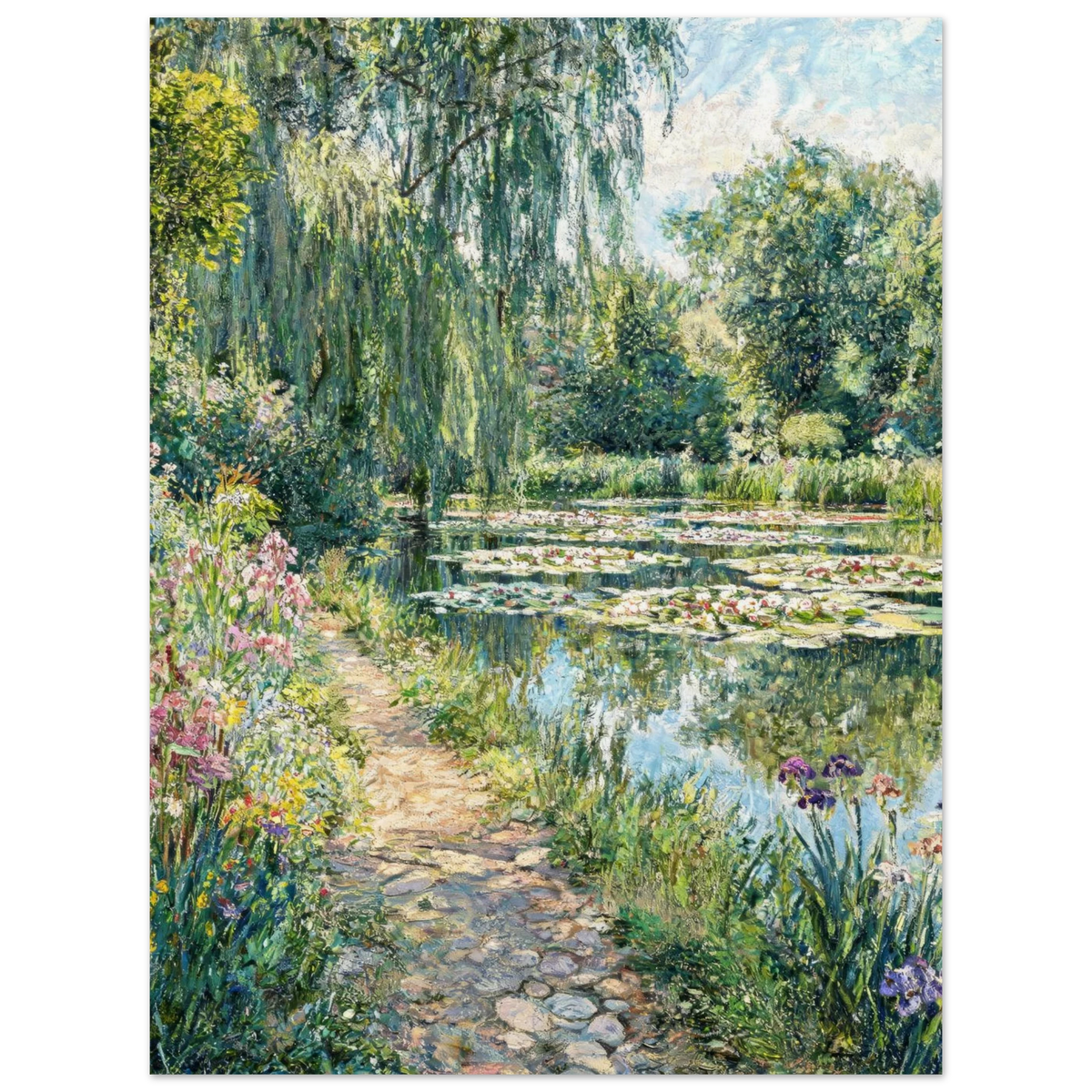 A vertical art print depicting a lush garden scene inspired by Claude Monet's style, featuring a stone path leading to a pond with water lilies, surrounded by green trees, flowers, and a weeping willow.