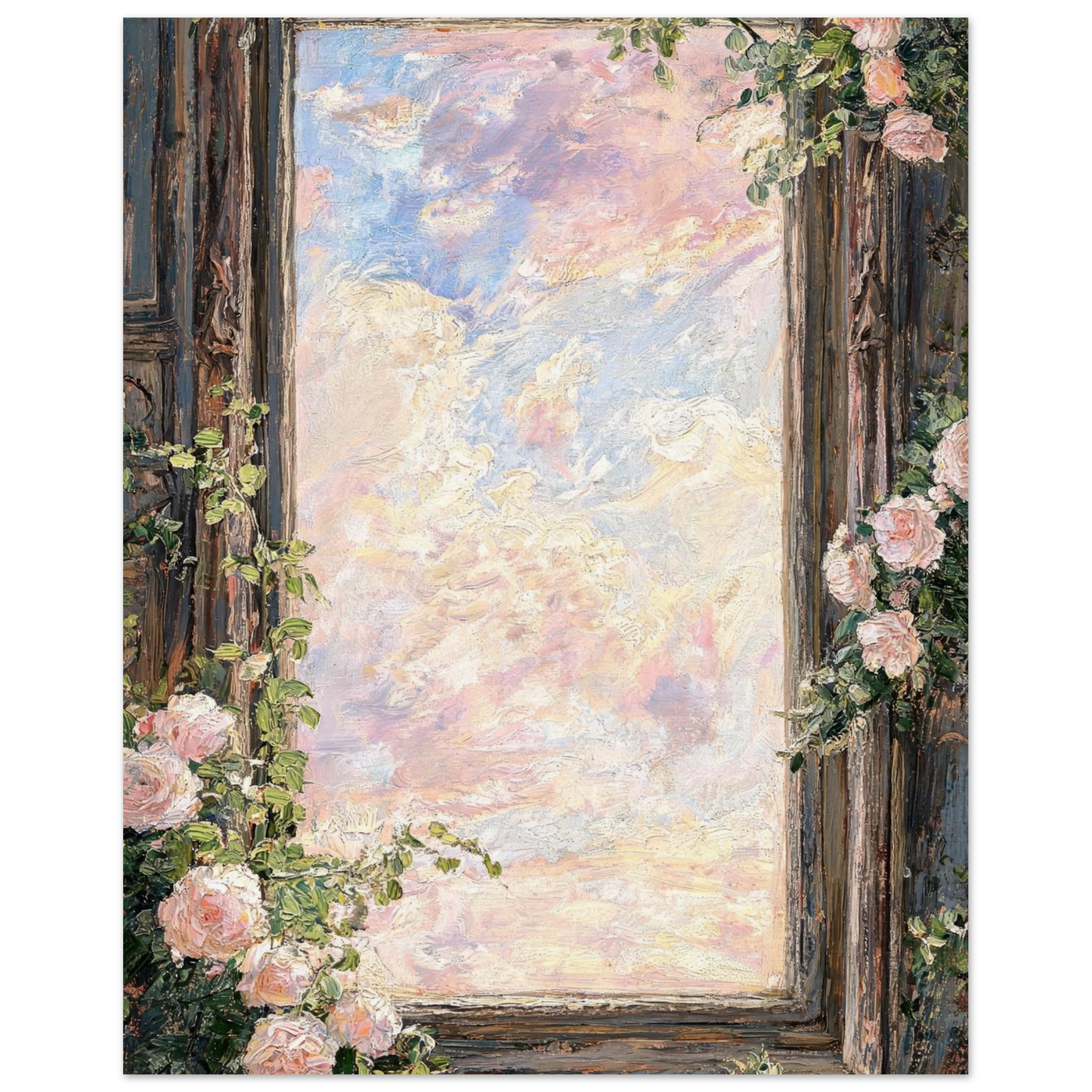 Fine art print of a vintage window framed by climbing pink roses with a pastel pink and blue sky.