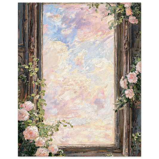 Fine art print of a vintage window framed by climbing pink roses with a pastel pink and blue sky.