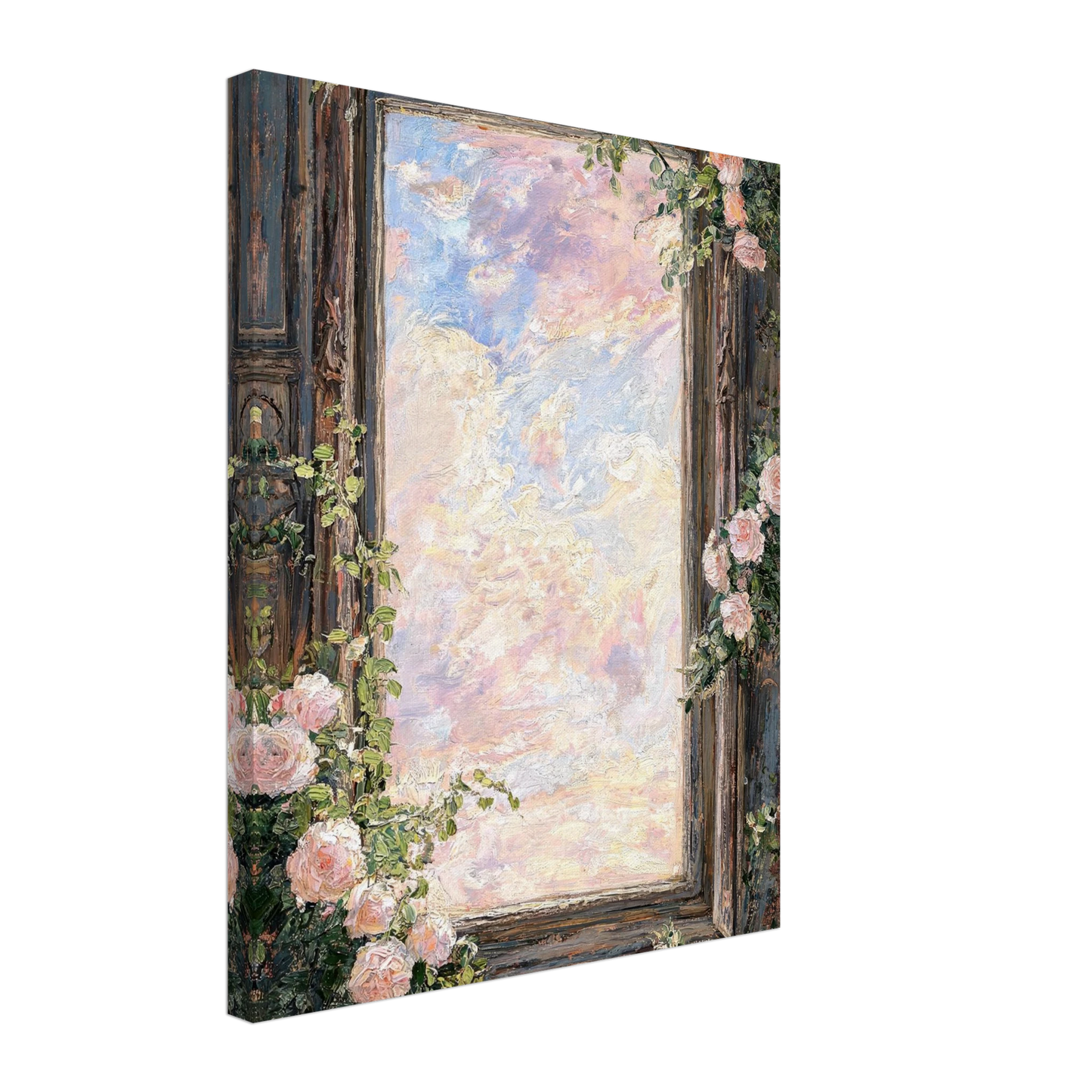 Textured canvas print of a romantic vintage window scene with pink roses and a soft pastel sky.