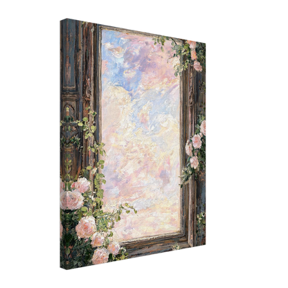 Textured canvas print of a romantic vintage window scene with pink roses and a soft pastel sky.