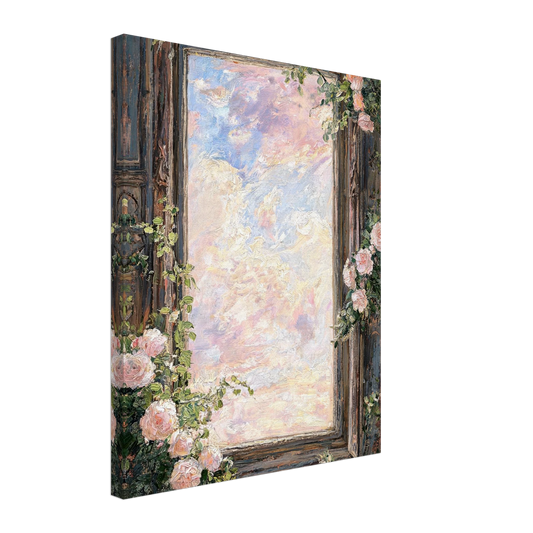 Textured canvas print of a romantic vintage window scene with pink roses and a soft pastel sky.