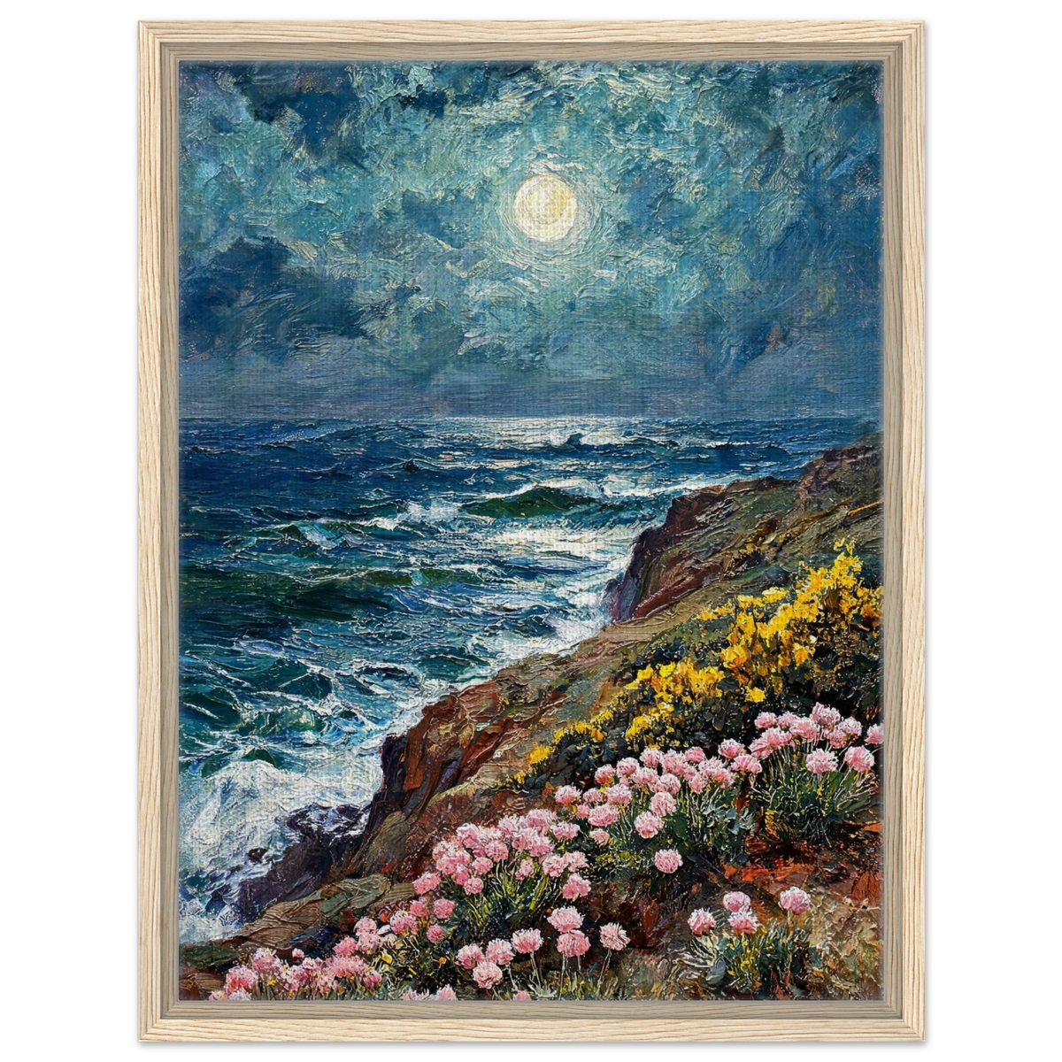 Moonlit Coastal Cliffs Framed Canvas Wall Art