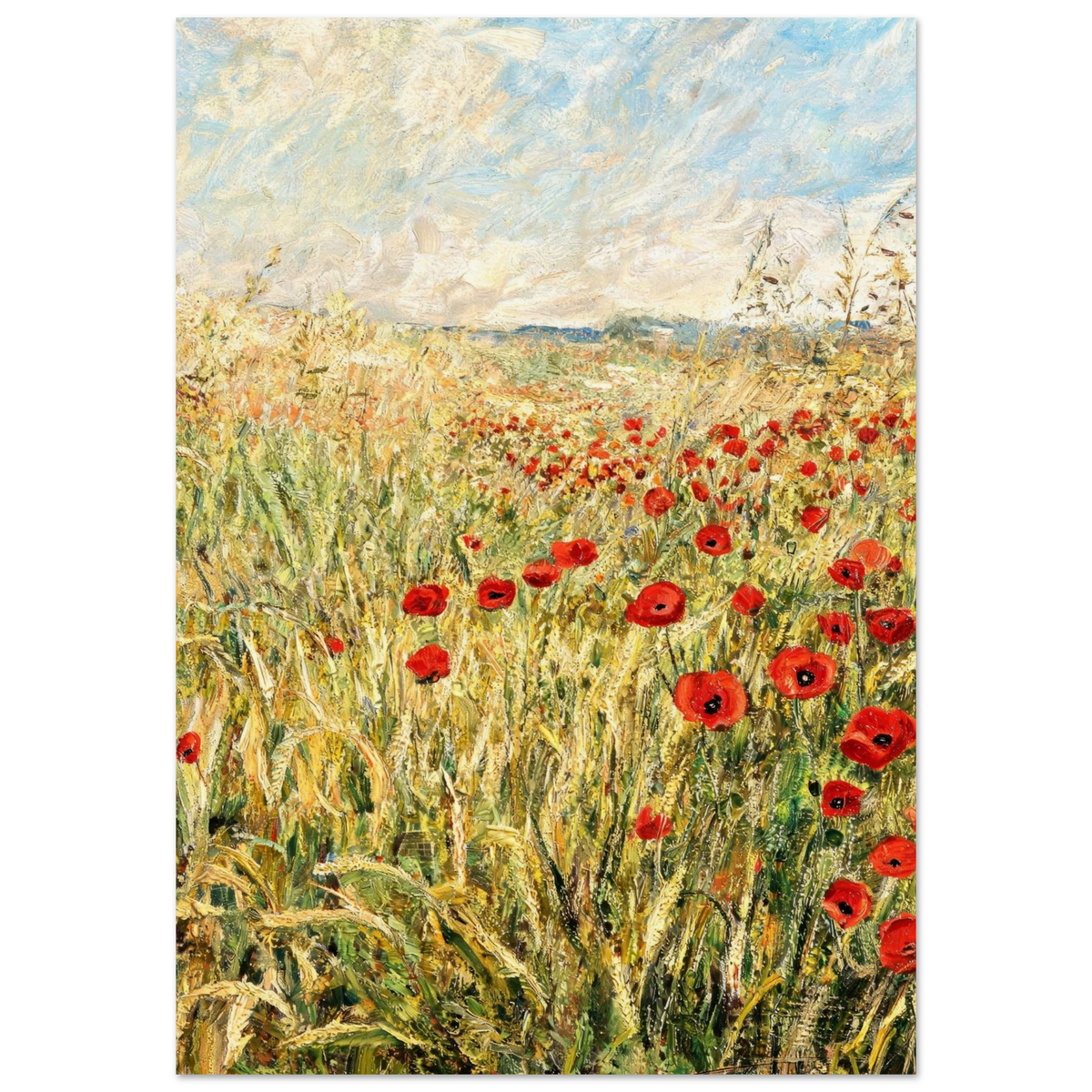 An impressionist-style painting of a wheat field filled with red poppies under a cloudy sky, shown as a vertical art print centered on a white background.