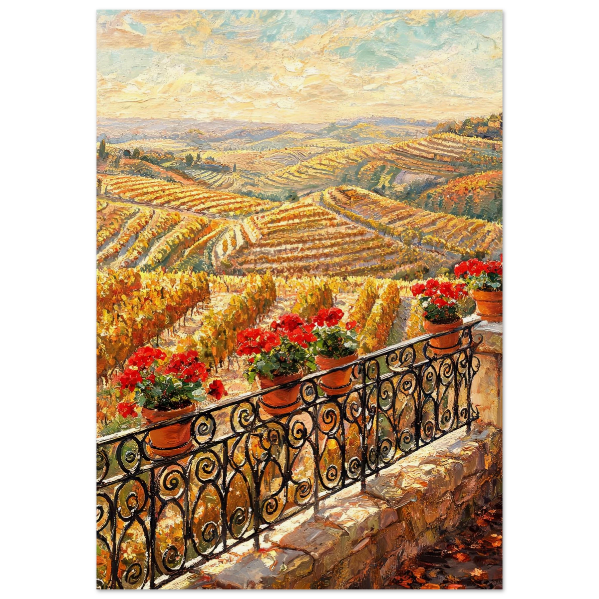A vertical landscape painting of rolling vineyard hills under a cloudy sky, viewed from a stone terrace with a black wrought-iron railing and red flower pots.