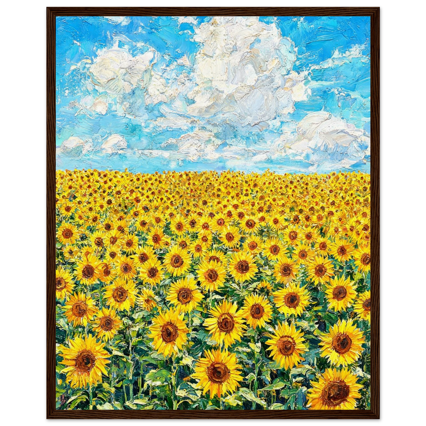 Wooden framed fine art print of a vintage-style yellow flower meadow and blue sky.