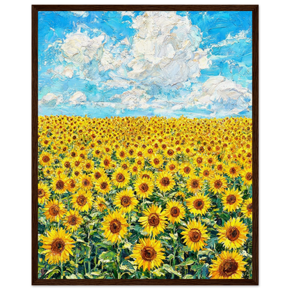 Wooden framed fine art print of a vintage-style yellow flower meadow and blue sky.