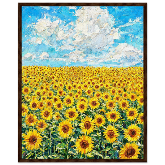 Wooden framed fine art print of a vintage-style yellow flower meadow and blue sky.