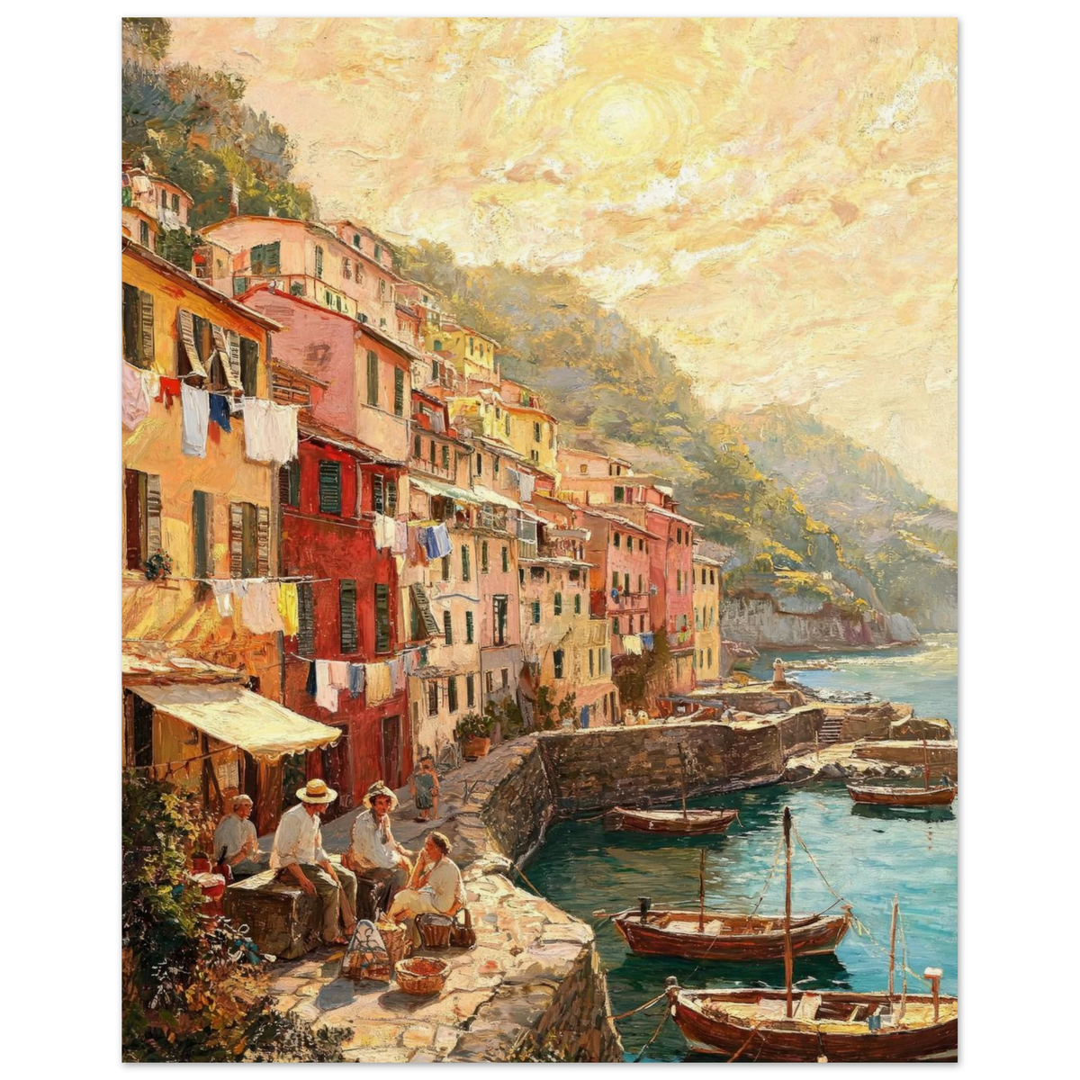 A colorful coastal village painting showing a harbor with small boats, pastel buildings, and people sitting along a stone waterfront under a bright sunlit sky.