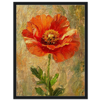 A framed painting of a vibrant red-orange poppy flower with green leaves on a textured beige and green background, enclosed in a black frame.