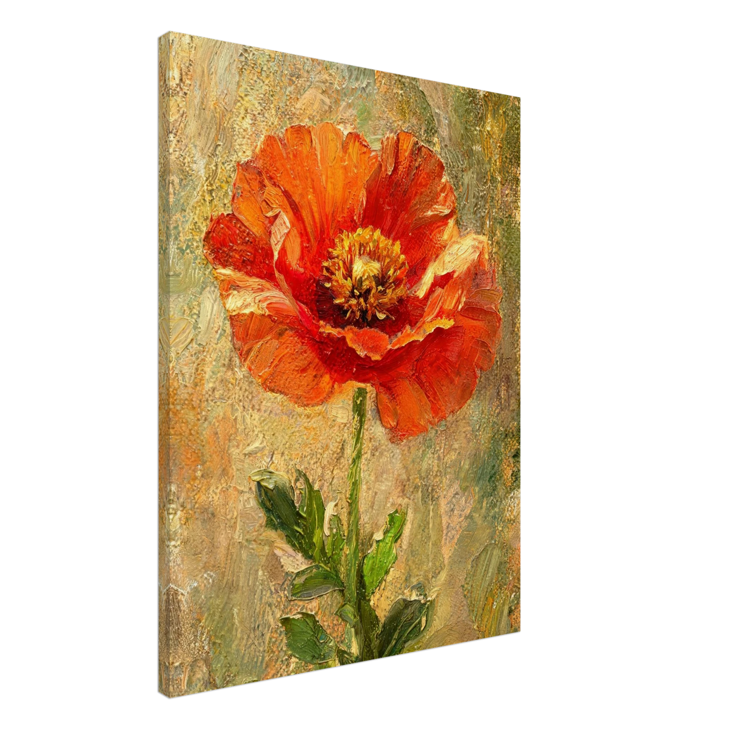 A vertical canvas wall art print featuring an impressionistic painting of a vibrant orange-red poppy flower with green leaves on a textured beige and gold background, shown at a three-quarter angle against a plain white background.