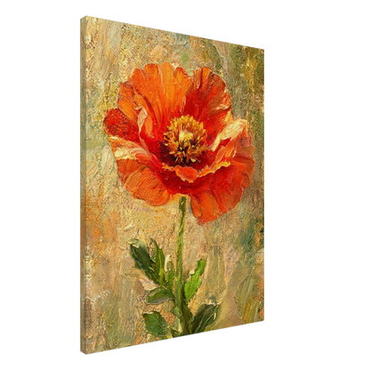A vertical canvas wall art print featuring an impressionistic painting of a vibrant orange-red poppy flower with green leaves on a textured beige and gold background, shown at a three-quarter angle against a plain white background.