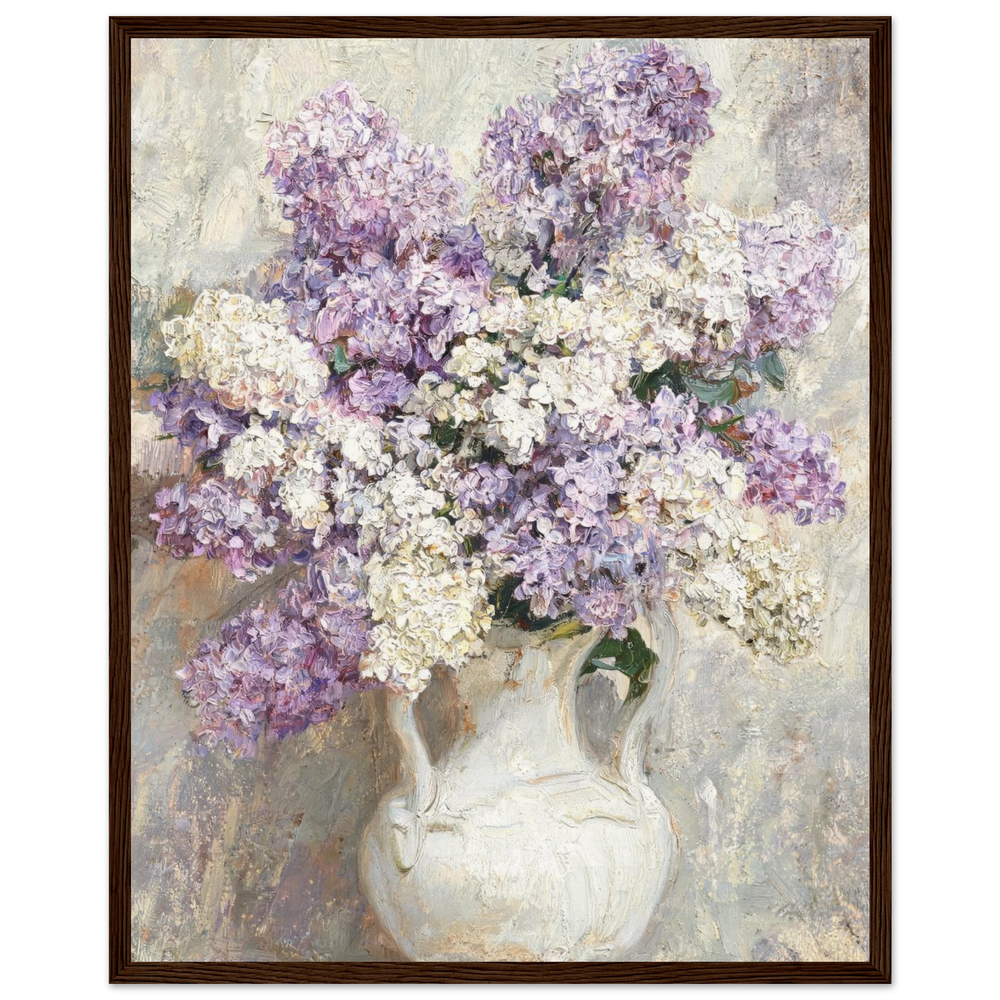 Wooden framed fine art print of an Impressionist lilac bouquet showcasing thick brushstrokes and soft pastel hues.