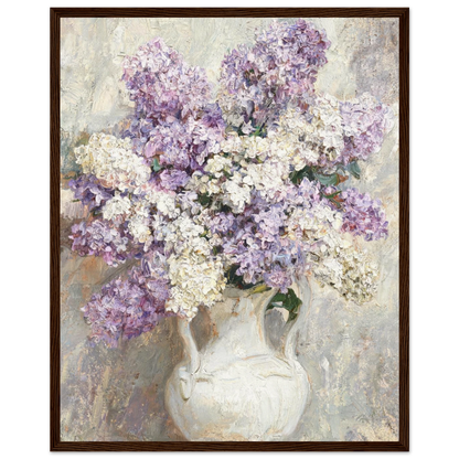 Wooden framed fine art print of an Impressionist lilac bouquet showcasing thick brushstrokes and soft pastel hues.