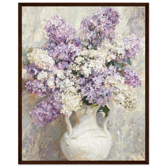Wooden framed fine art print of an Impressionist lilac bouquet showcasing thick brushstrokes and soft pastel hues.