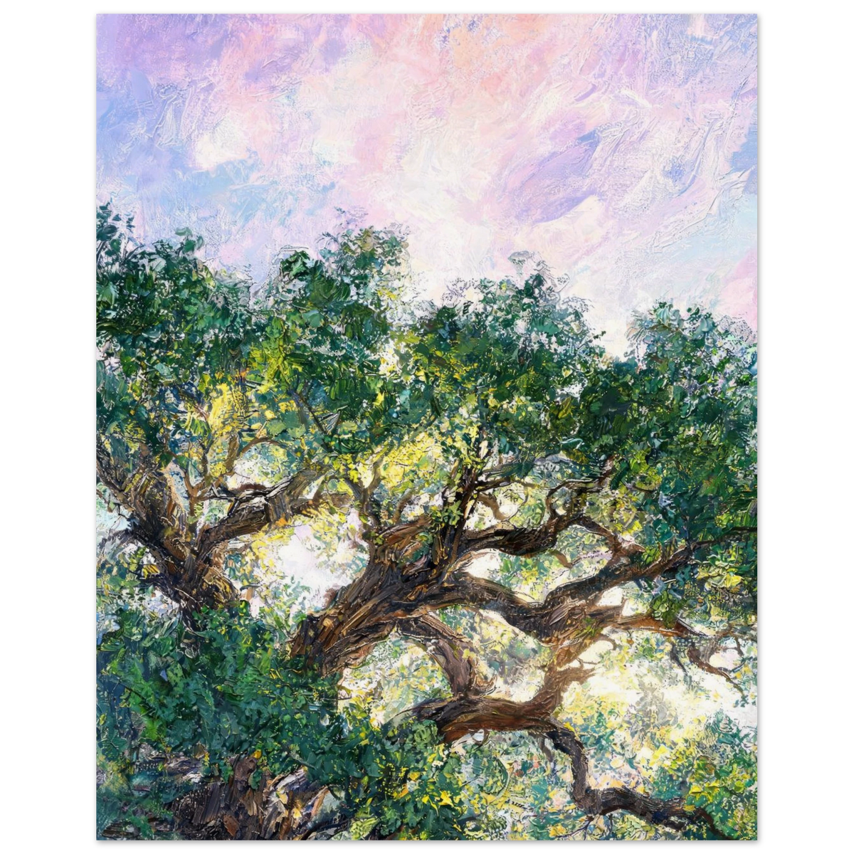 Fine art print of an Impressionist majestic tree with gnarled branches and lush green leaves against a dreamy pastel sunset sky.