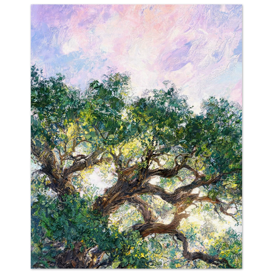 Fine art print of an Impressionist majestic tree with gnarled branches and lush green leaves against a dreamy pastel sunset sky.