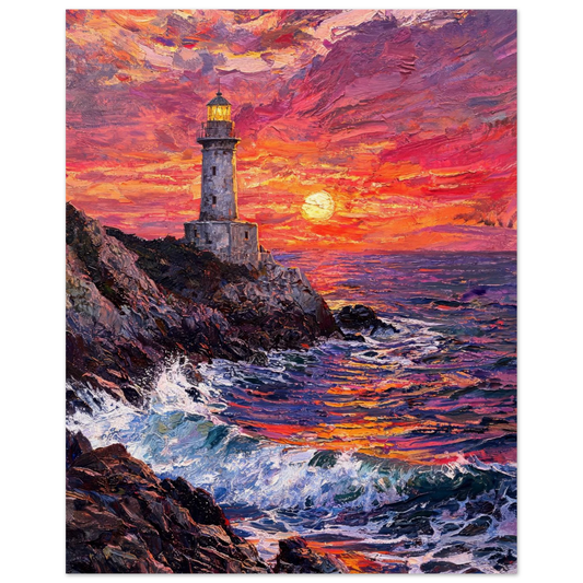 An impressionistic painting of a lighthouse on a rocky coastline at sunset, with vivid orange, pink, purple, and blue tones in the sky and sea.