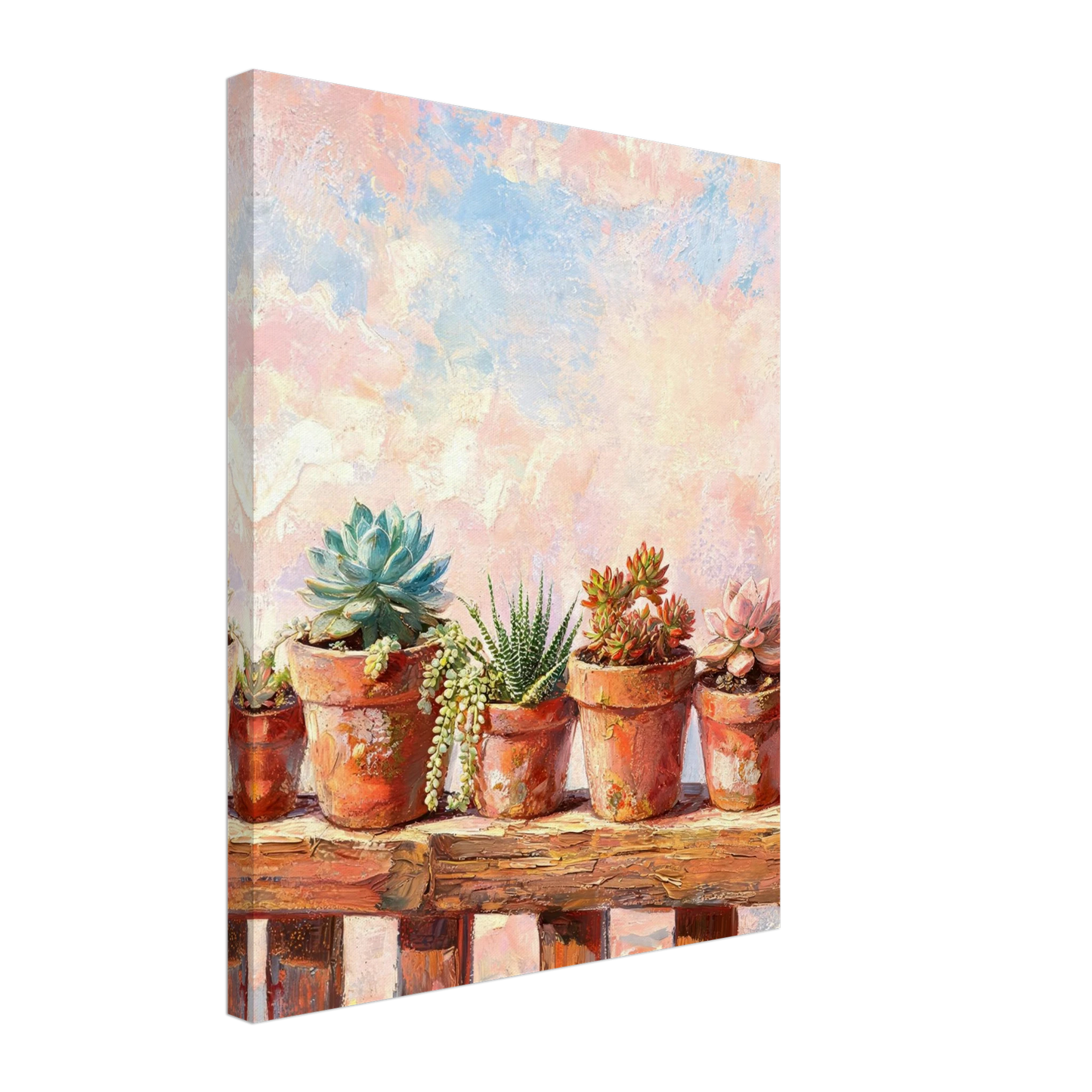 Textured canvas print of an impressionist succulent garden with terracotta pots and a soft pastel sky.