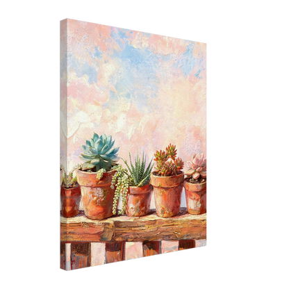 Textured canvas print of an impressionist succulent garden with terracotta pots and a soft pastel sky.