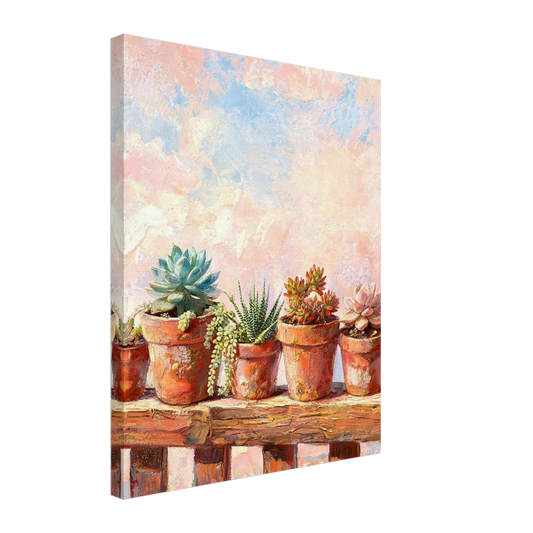 Textured canvas print of an impressionist succulent garden with terracotta pots and a soft pastel sky.