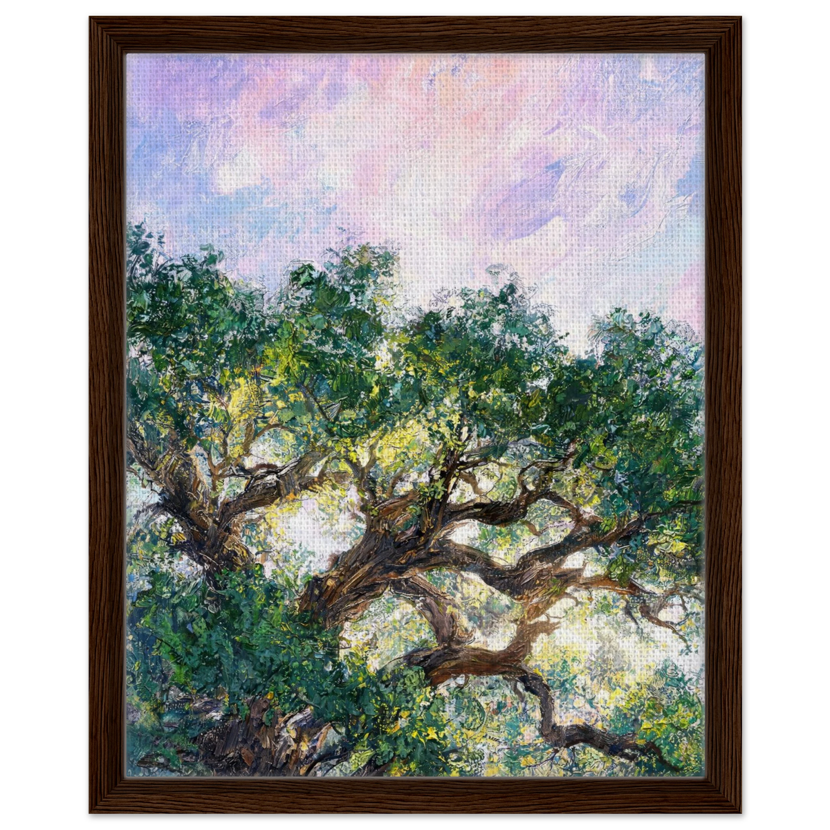 Framed canvas print of an Impressionist sunlit tree painting mounted in a sleek frame for a polished gallery presentation.