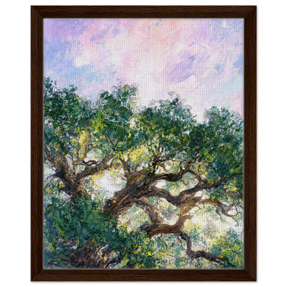 Framed canvas print of an Impressionist sunlit tree painting mounted in a sleek frame for a polished gallery presentation.