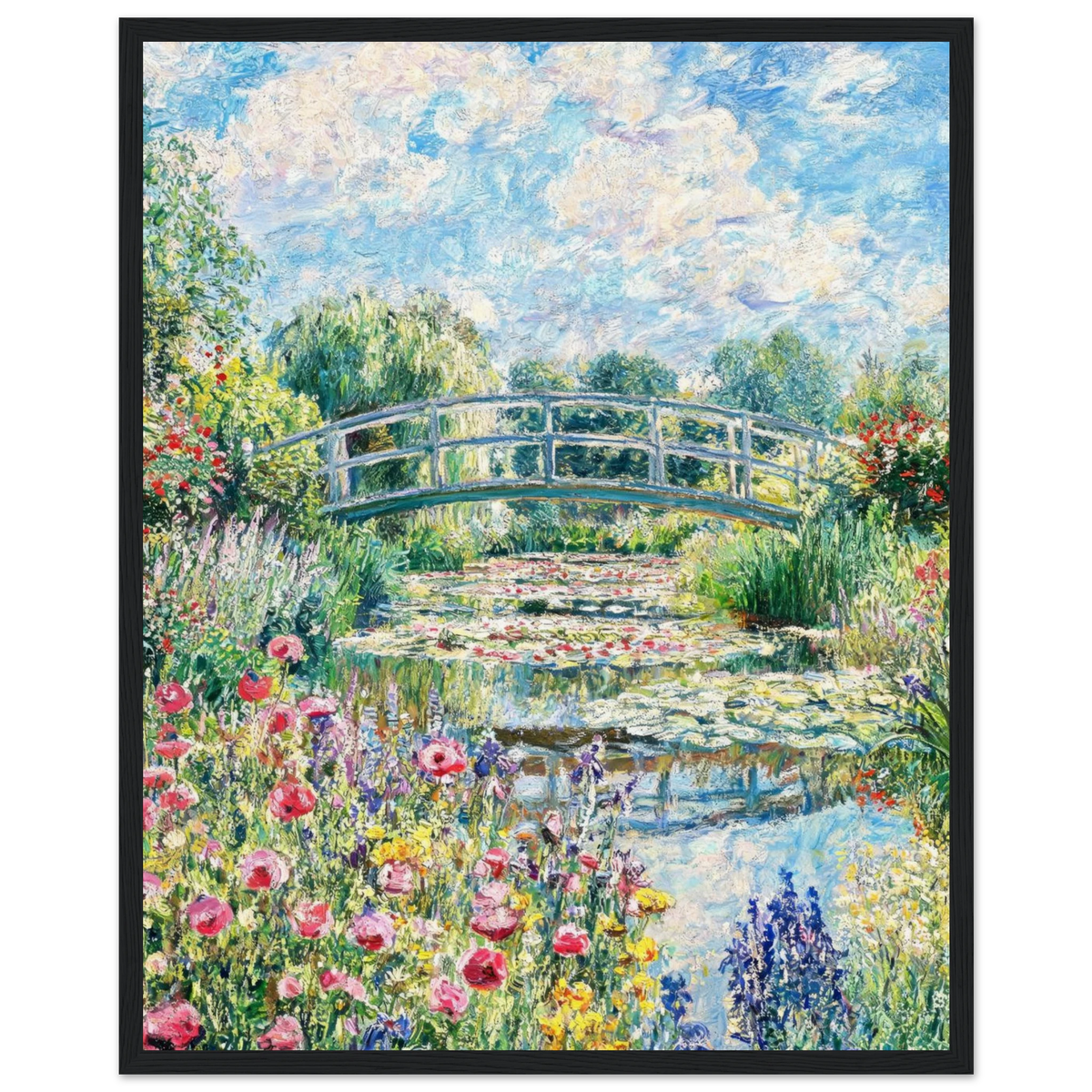 Sunny Japanese Bridge and Flower Garden Wooden Framed Poster | Vintstep