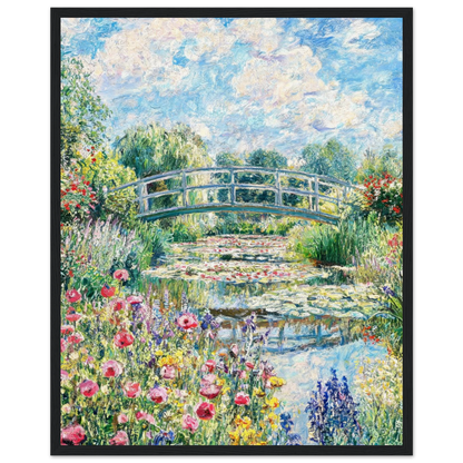 Sunny Japanese Bridge and Flower Garden Wooden Framed Poster | Vintstep