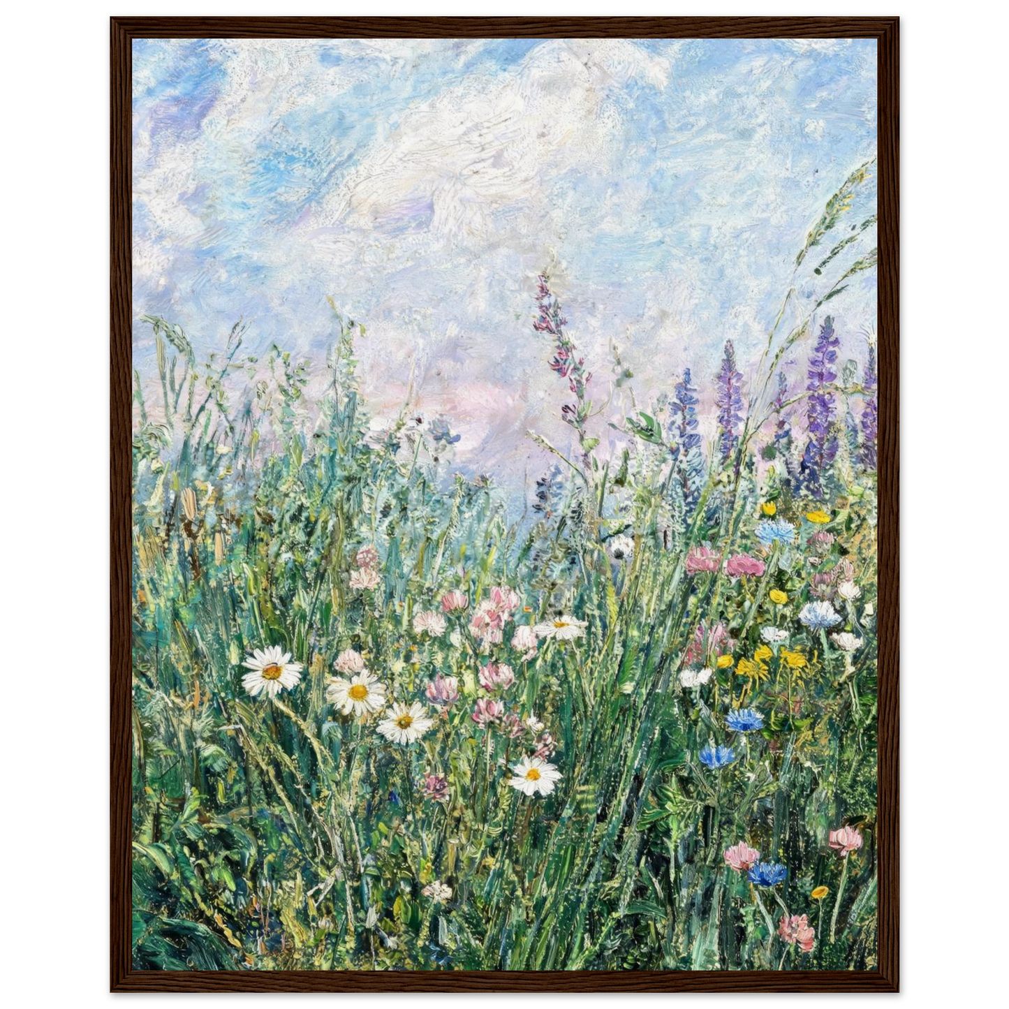 Wooden framed fine art print of a blooming wildflower meadow and open sky, ready to hang.