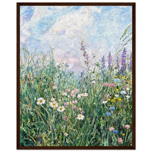 Wooden framed fine art print of a blooming wildflower meadow and open sky, ready to hang.