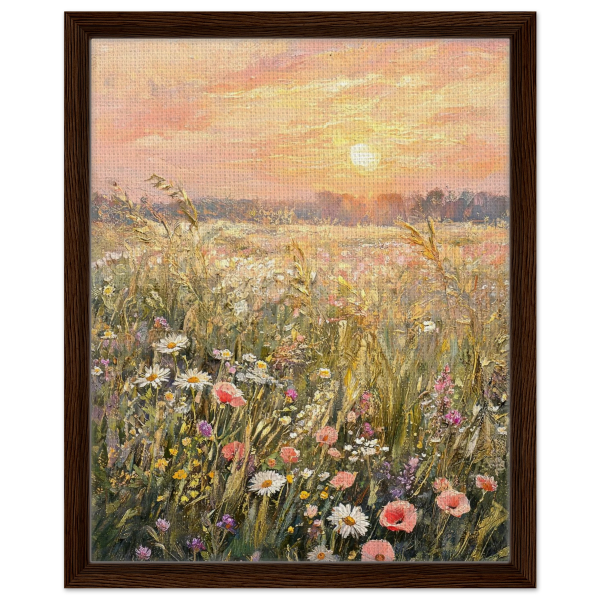 Framed canvas print of an Impressionist sunset wildflower meadow painting mounted in a sleek frame for a polished gallery presentation.