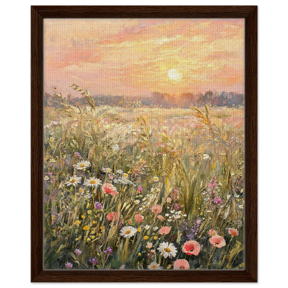 Framed canvas print of an Impressionist sunset wildflower meadow painting mounted in a sleek frame for a polished gallery presentation.