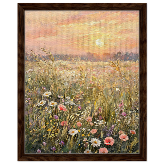 Framed canvas print of an Impressionist sunset wildflower meadow painting mounted in a sleek frame for a polished gallery presentation.