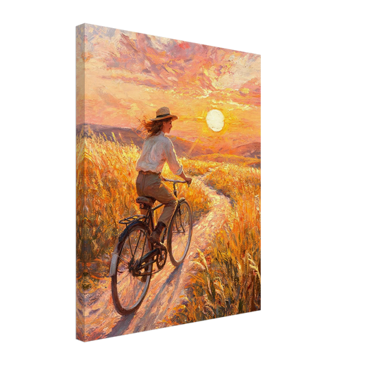 Canvas print of a textured oil painting showing a cyclist on a sunlit path surrounded by golden fields.