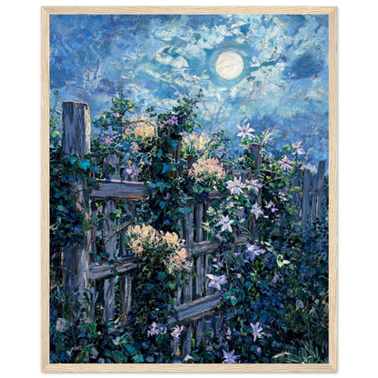 Moonlit Wooden Fence Framed Art Poster