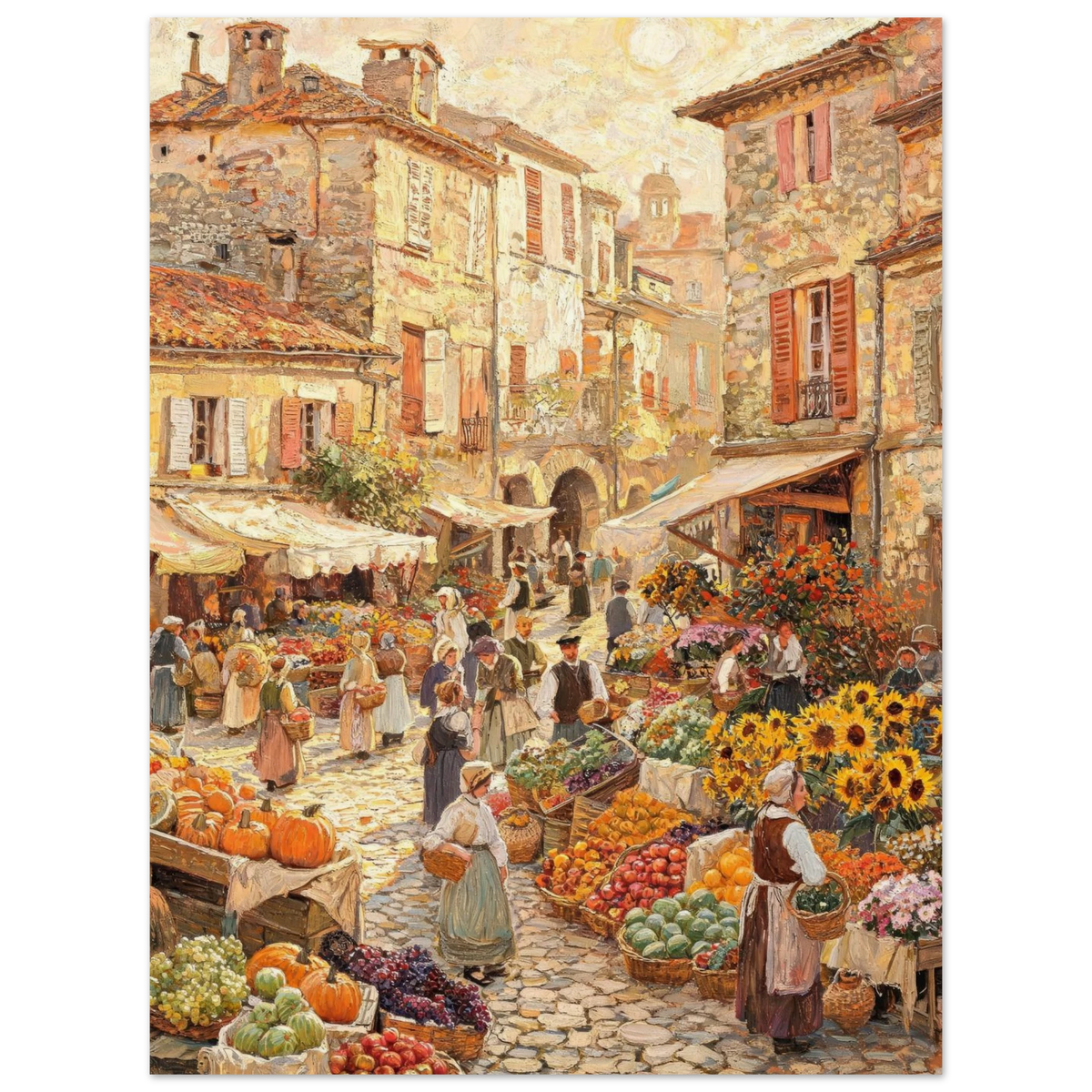 A square art print depicting a vibrant, detailed painting of a European stone street market. The scene features rustic buildings with terracotta roofs, stone walls, and awnings, with cobblestone streets bustling with people, fresh produce, and sunflowers in the foreground.