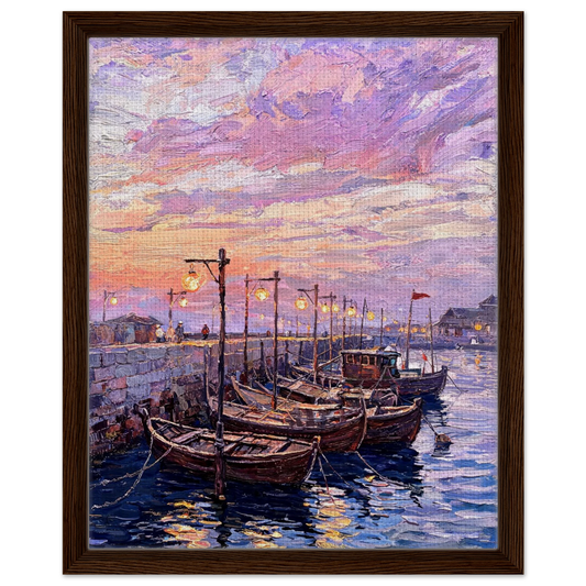 Framed canvas wall art with floating frame showing a textured impressionist painting of a harbor at twilight with glowing lamps and sunset