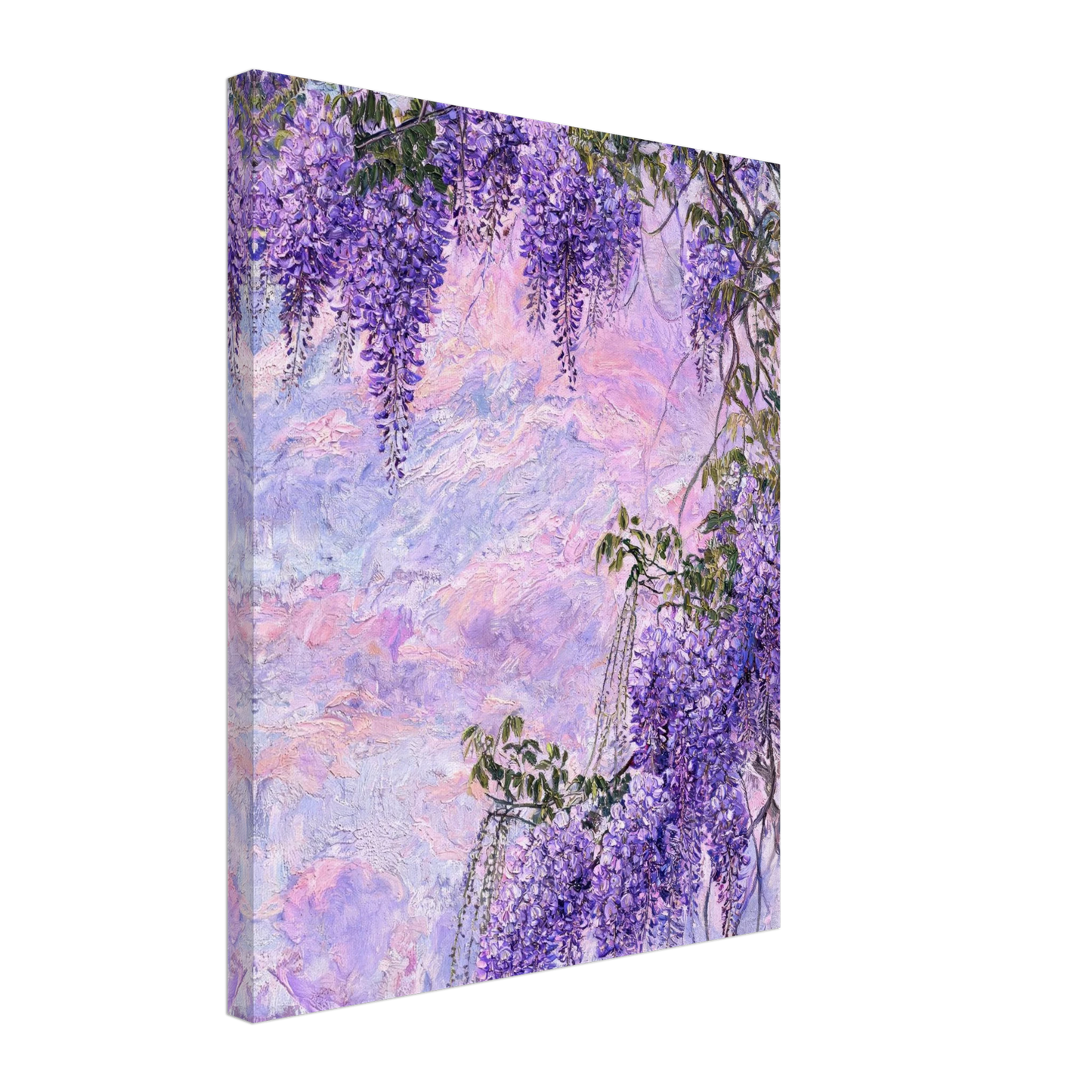 Textured canvas print of an impressionist purple wisteria garden scene.