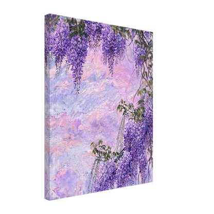 Textured canvas print of an impressionist purple wisteria garden scene.