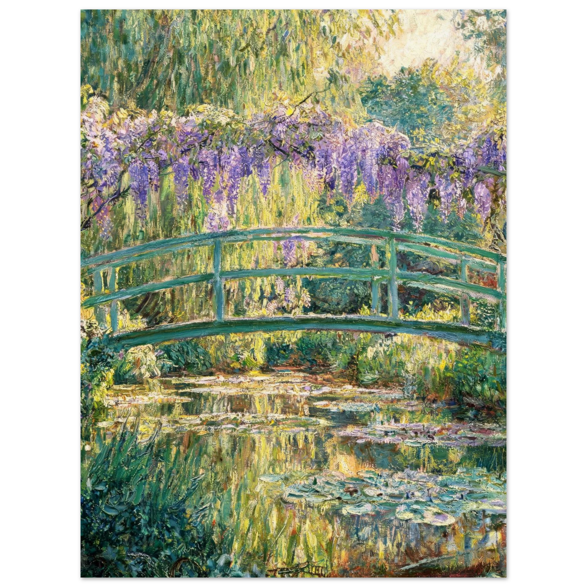 A vertical art print depicting a Monet-style garden scene with a green bridge over reflective water, purple wisteria flowers, and lush green foliage.
