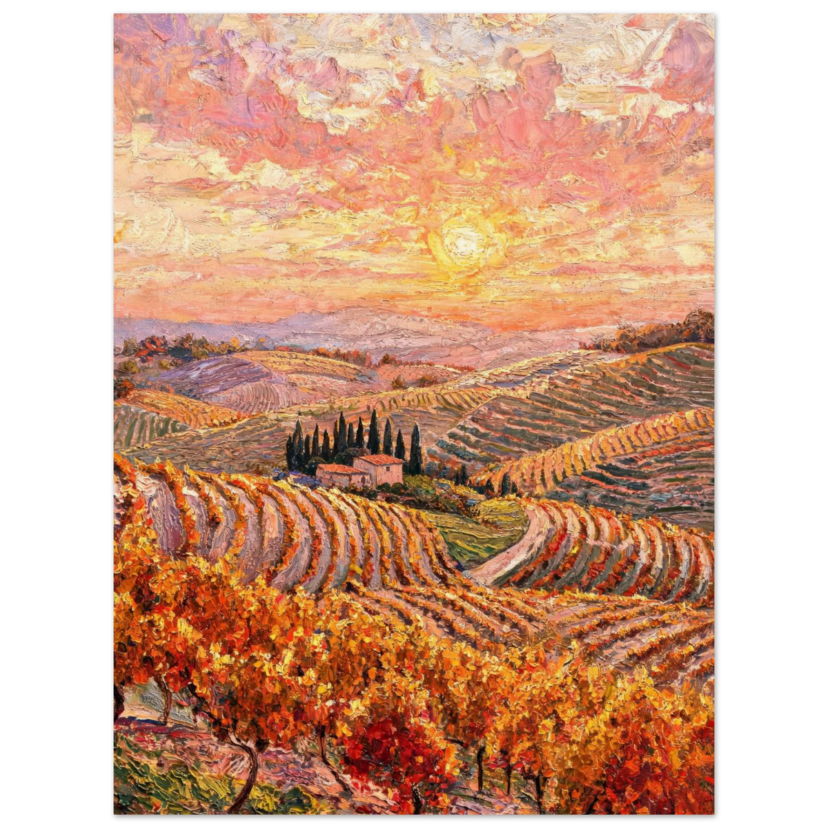 An impressionistic landscape painting of rolling hills with vineyard rows, cypress trees, a small house, and a dramatic sunset sky in warm pink, orange, yellow, and brown tones.