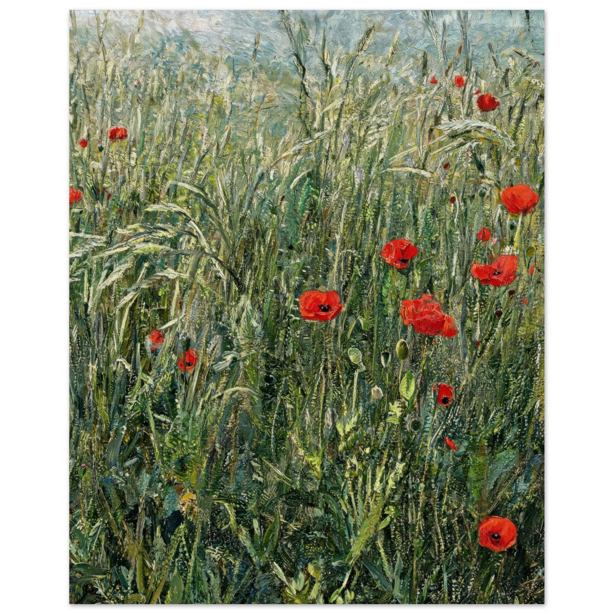 Fine art print of an Impressionist red poppy field featuring vibrant crimson flowers amidst tall green grass and textured brushstrokes. 
