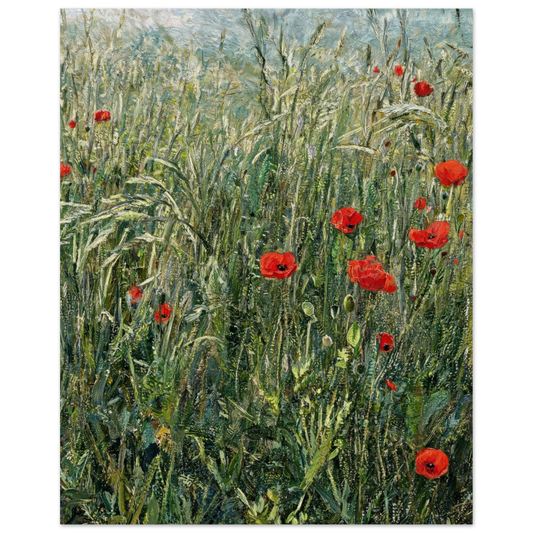 Fine art print of an Impressionist red poppy field featuring vibrant crimson flowers amidst tall green grass and textured brushstrokes. 