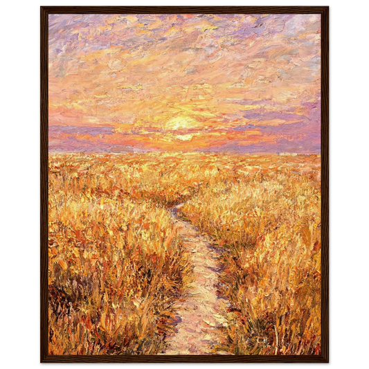 Wooden framed fine art print of a peaceful pathway through golden fields at golden hour.