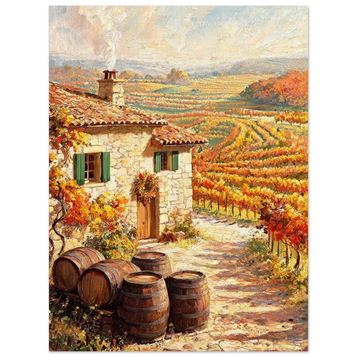 A scenic art print depicting a rustic stone farmhouse beside a vineyard, with barrels in the foreground and rolling rows of orange and yellow grapevines under a cloudy sky.
