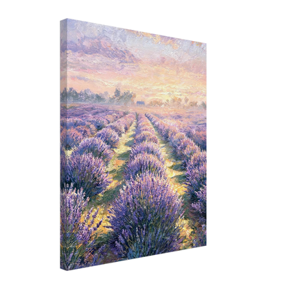Canvas print featuring a textured oil painting of rows of lavender under a warm sunset.