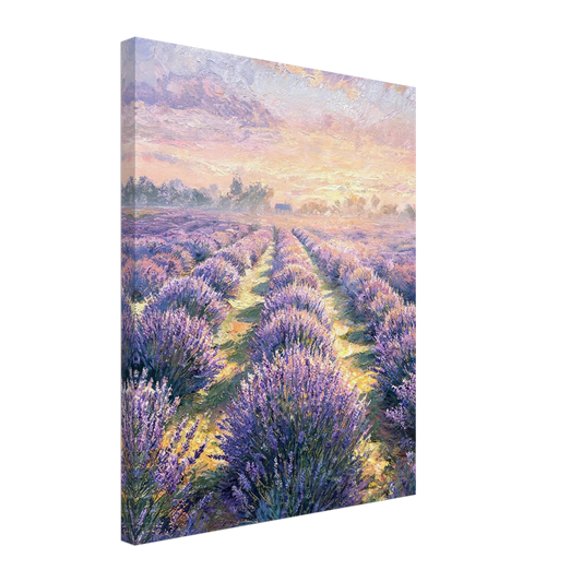 Canvas print featuring a textured oil painting of rows of lavender under a warm sunset.
